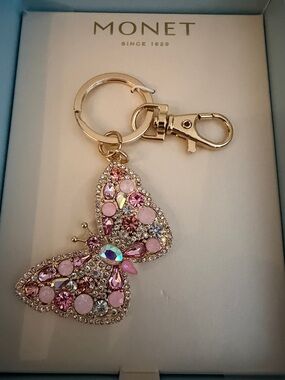 Monet Gold-Tone Pink Crystal Butterfly Bag Charm/ Keychain